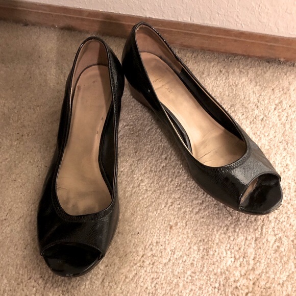 Cole Haan Nike Air Black Patent Leather Air Tali Open Toe Low Wedge - Picture 1 of 8